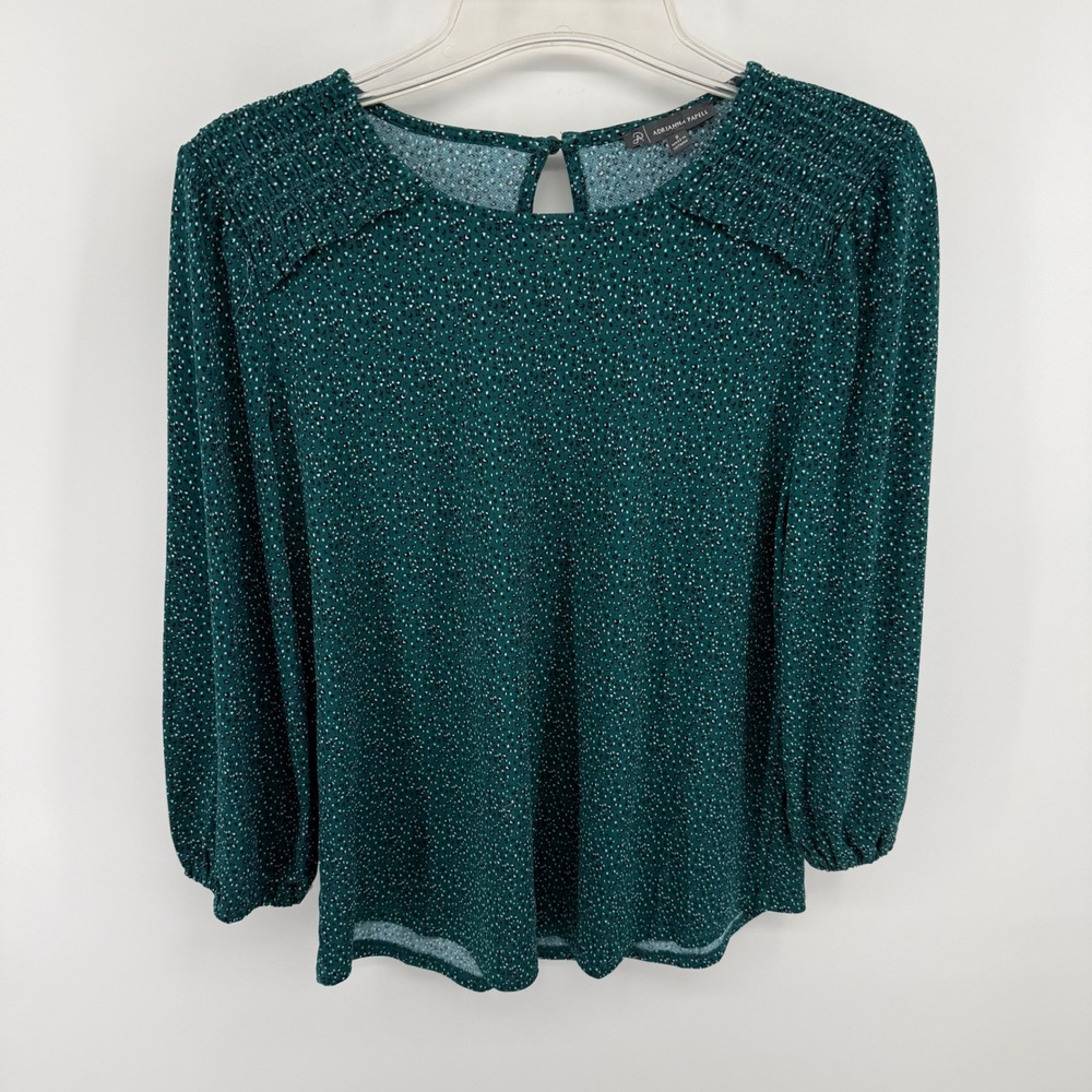 Adrianna Papell Teal Green Micro Print Smocked Shoulder Blouse‎ Top Small